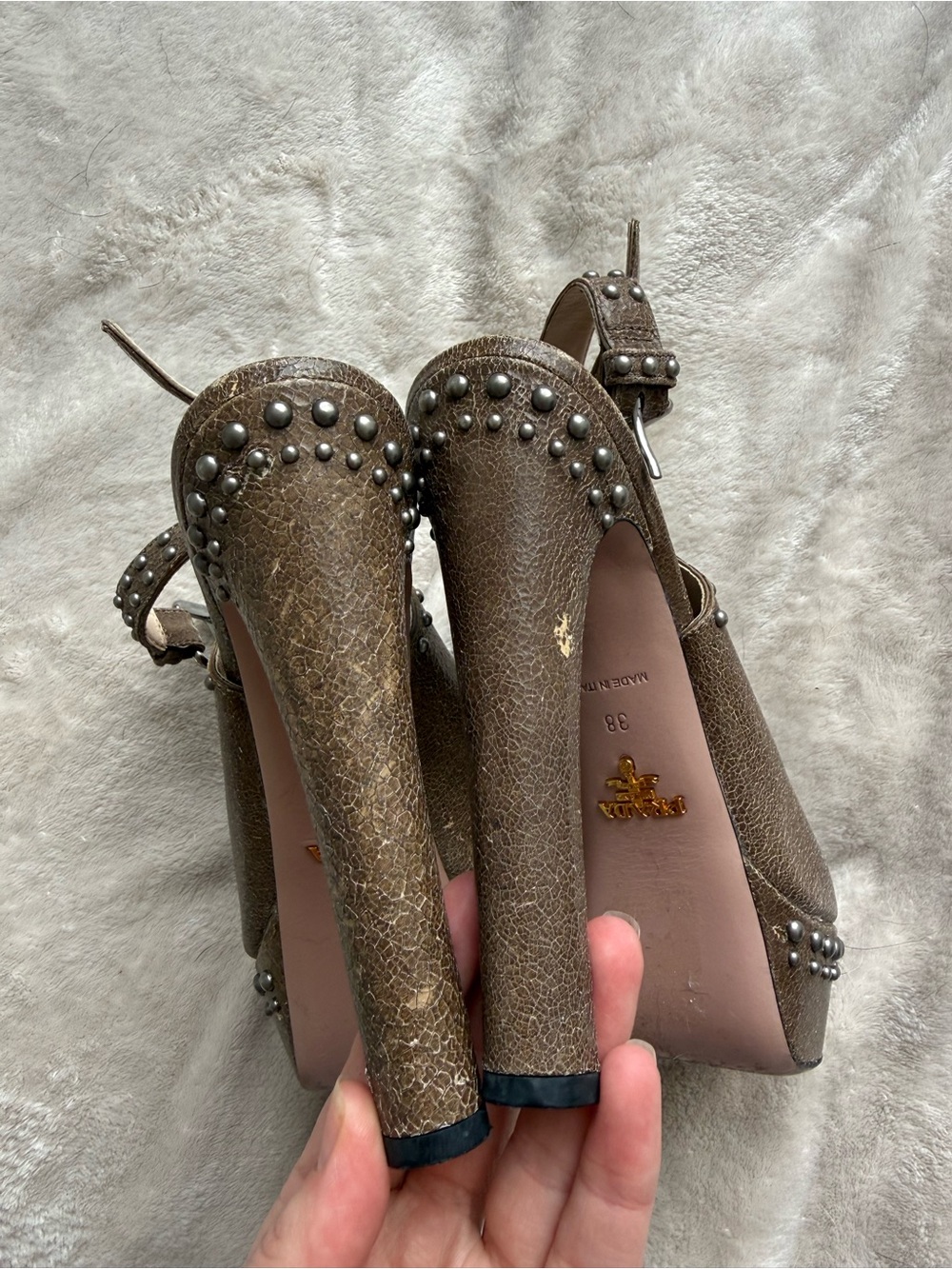 Prada Metallic Taupe Studded Peep-Toe Slingback Heels - Picture 3 of 6